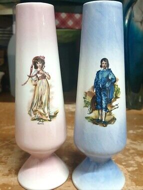 Vintage-Style Pink and Blue Decorative Ceramic Vases (Pair)